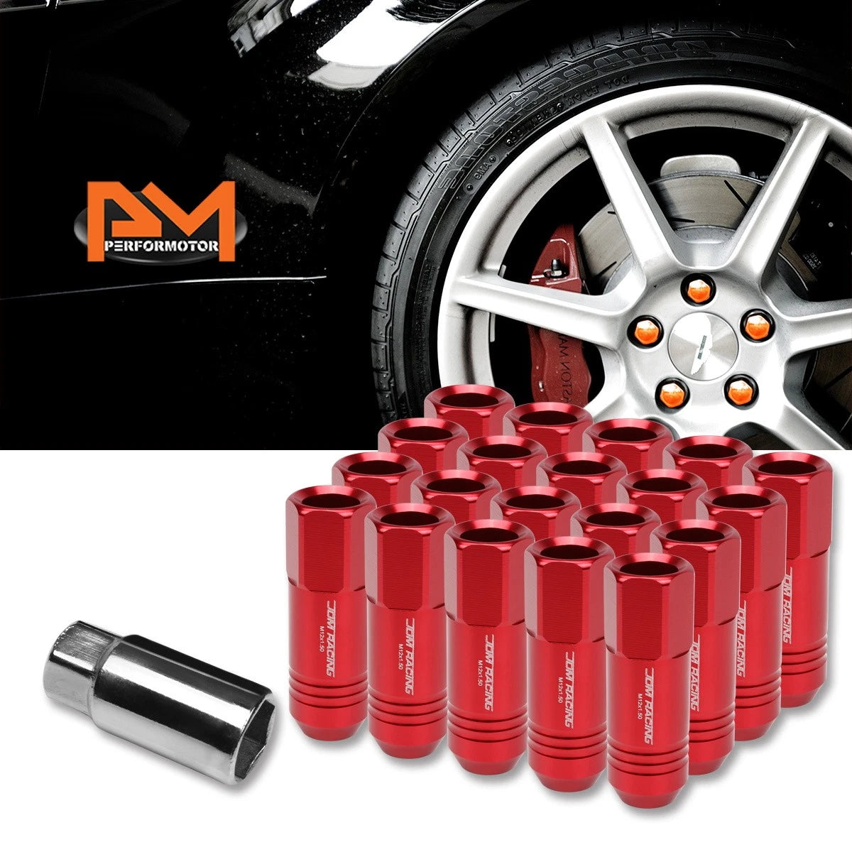Set of 20 M12X1.5 Red JDM Open End Conical Wheel Lug Nuts + 20mm Extension