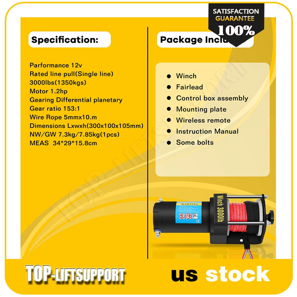 3000LBS Electric Winch for Truck Trailer - Waterproof Synthetic Rope