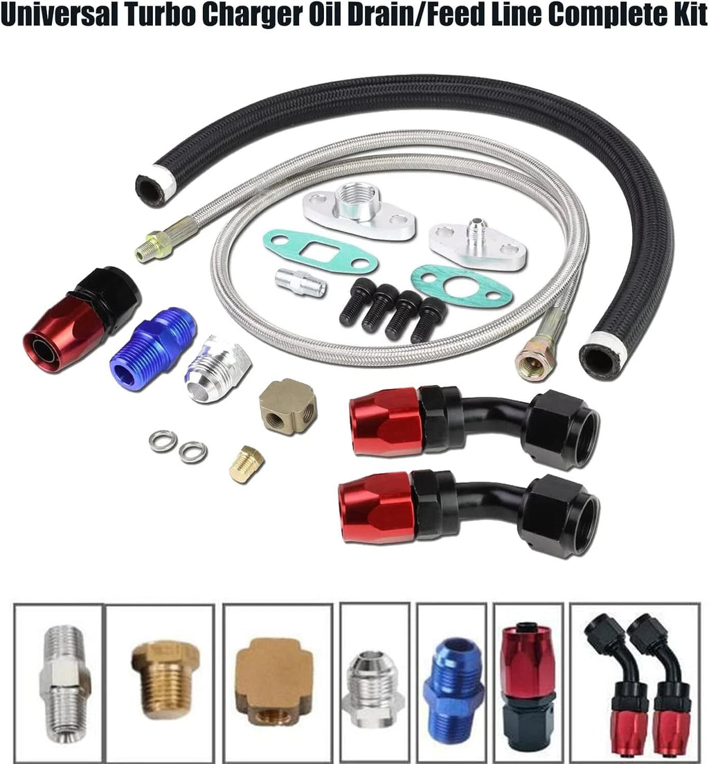 Oil Feed Line + 10AN Oil Drain Return Fitting Kit for Turbo T3 T4 T6 GT45 T04E T66
