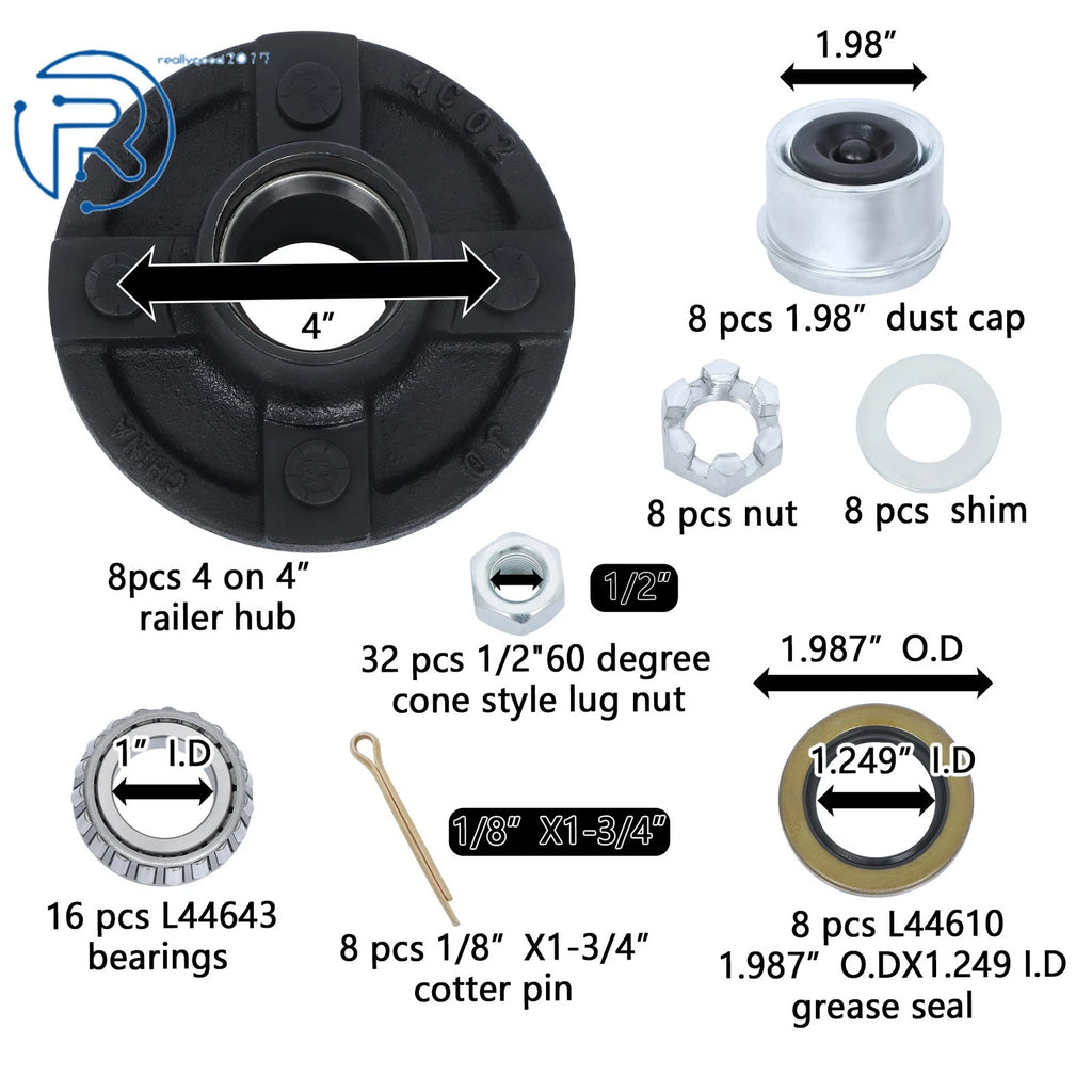Trailer Axle Kit for 4 on 4" Bolt Idler Hub & 1" Round Spindle (2 Sets)