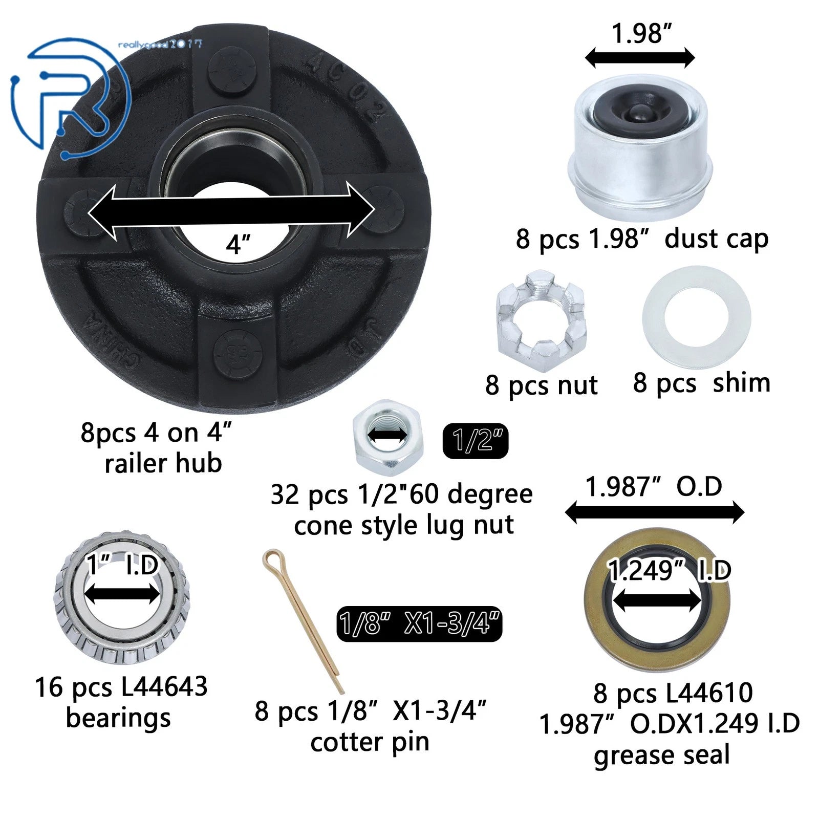 Trailer Axle Kit for 4 on 4" Bolt Idler Hub & 1" Round Spindle (2 Sets)