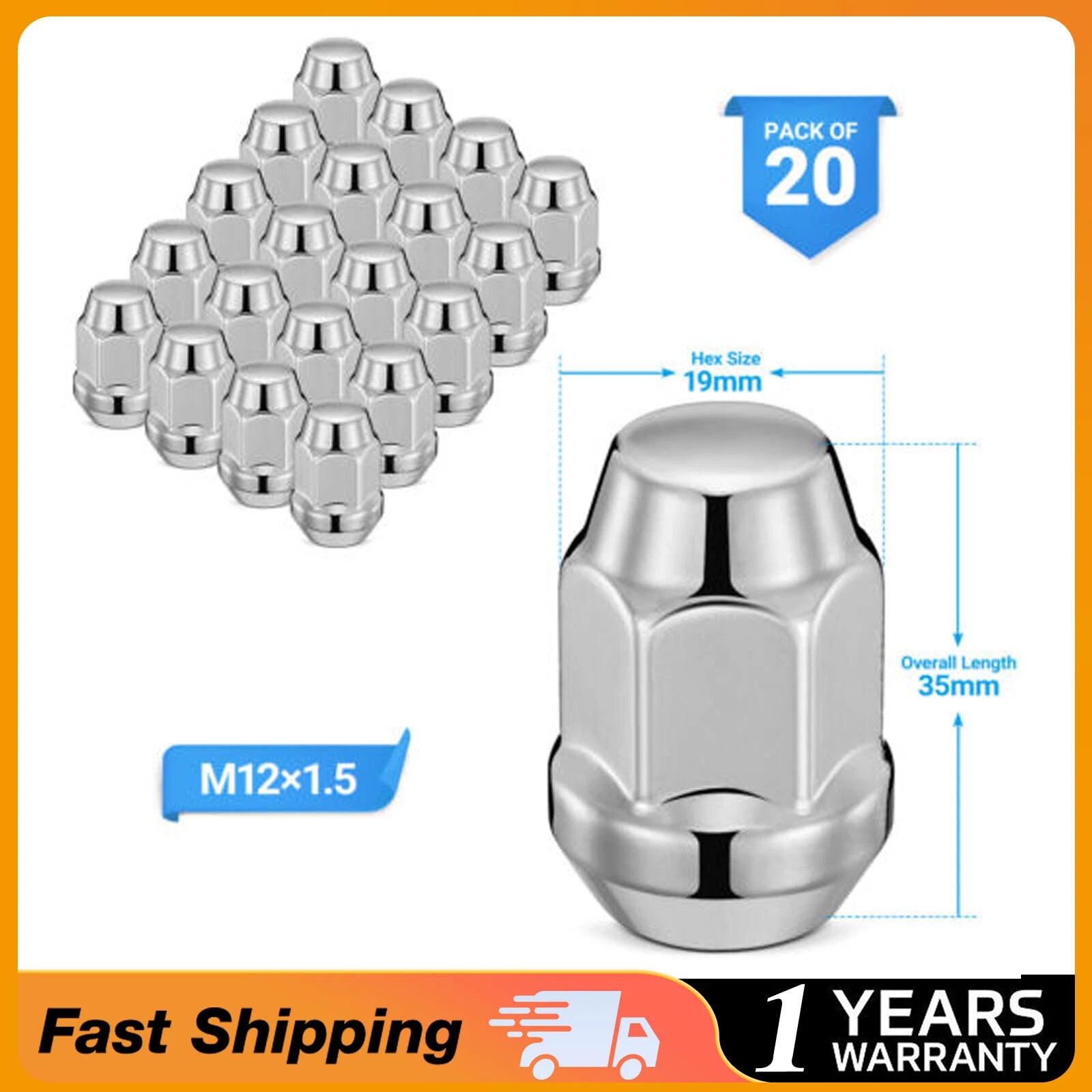 Chrome 12mmx1.5 Closed End Bulge Acorn Lug Nut for Wheels (2015–2025)