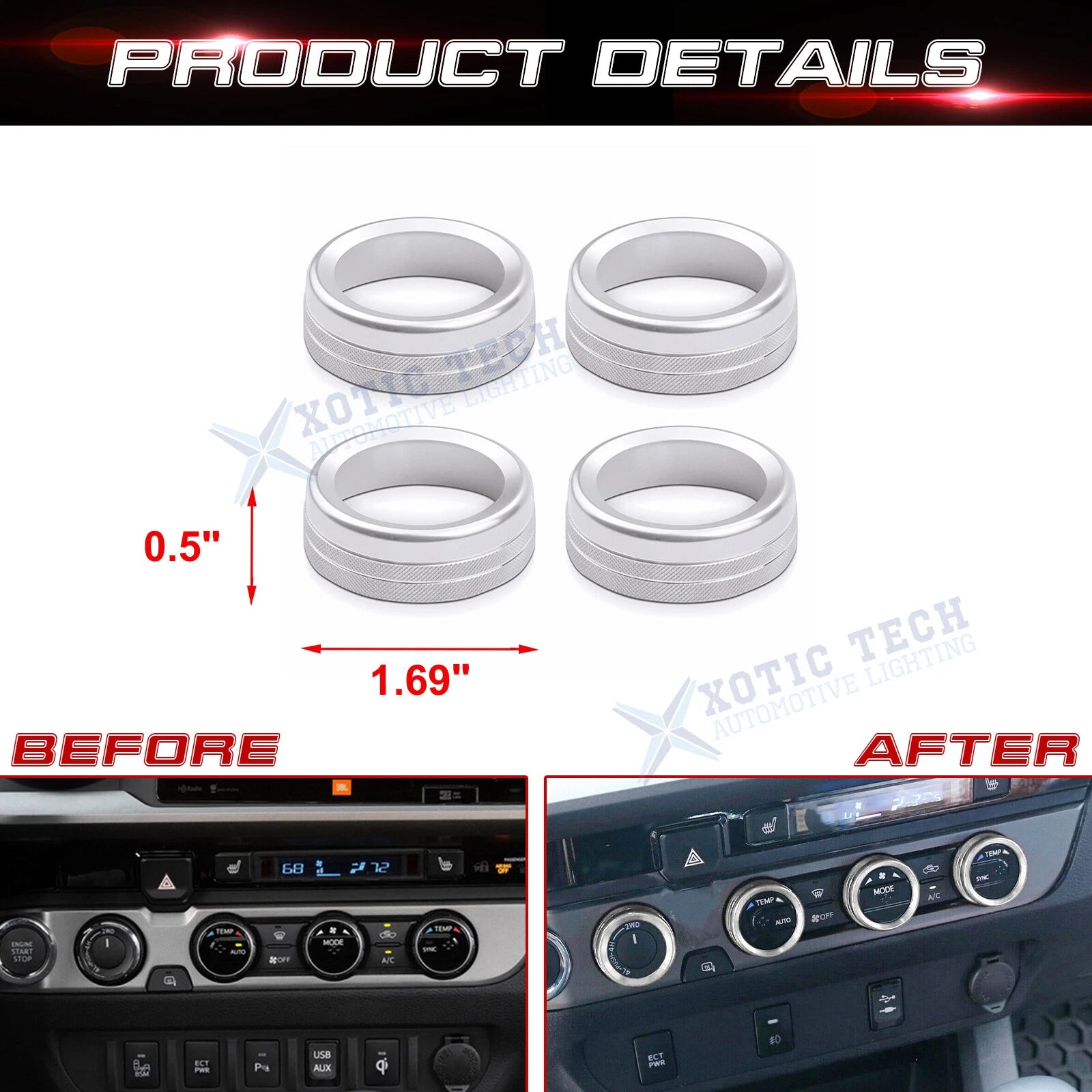 Silver AC Climate Control Ring Knob Trim Cover for Toyota Tacoma (2016-2023)