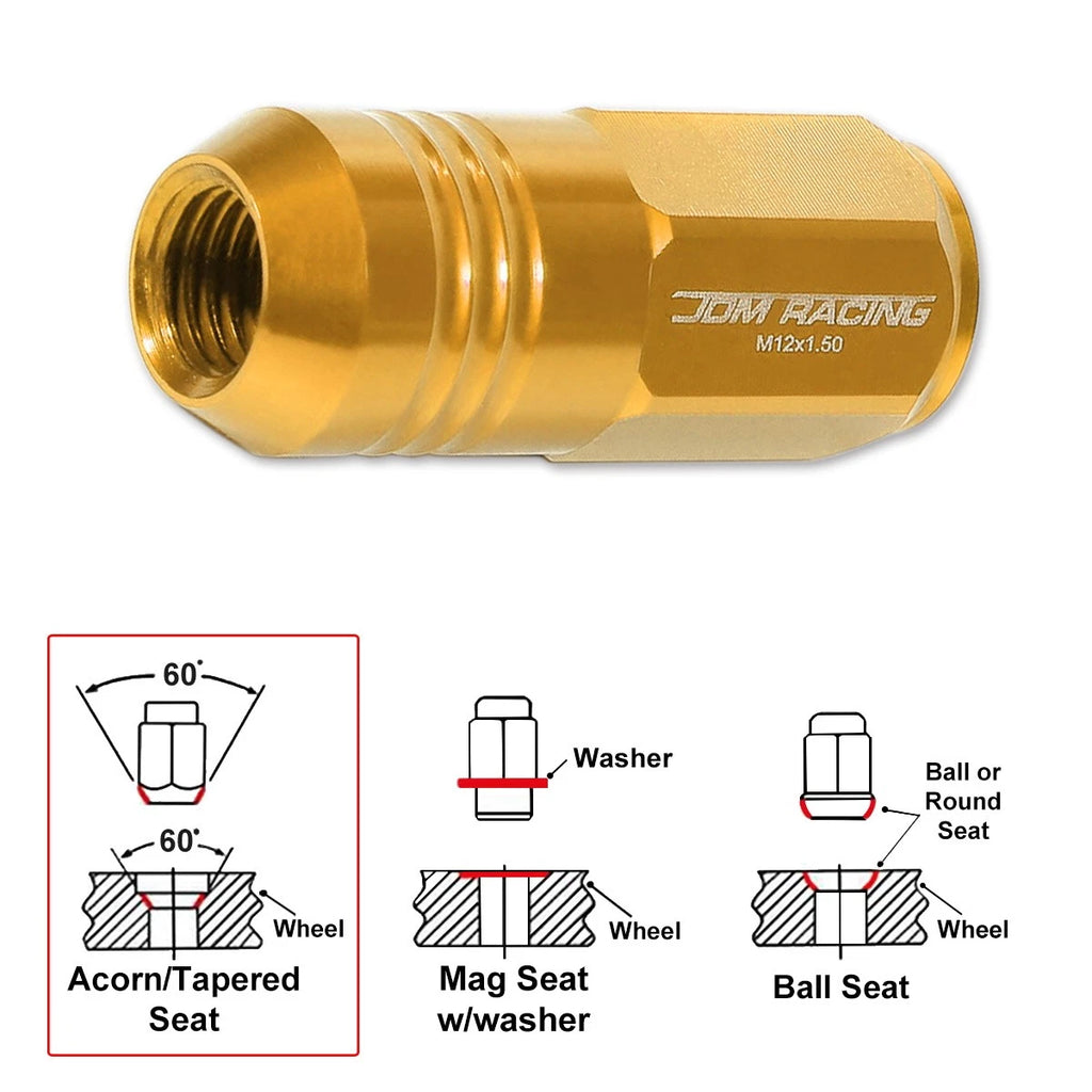 Set of 20 M12X1.5 Gold Closed End Cone Hex Wheel Lug Nuts + Extension 20mm