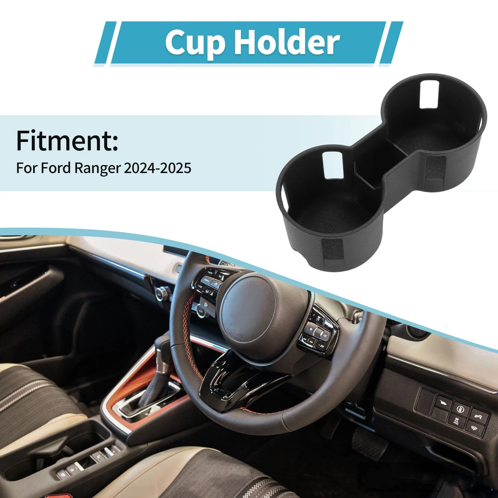 Center Console Cup Holder Organizer for Ford Ranger (2024–2025) Silicone Black 1pc