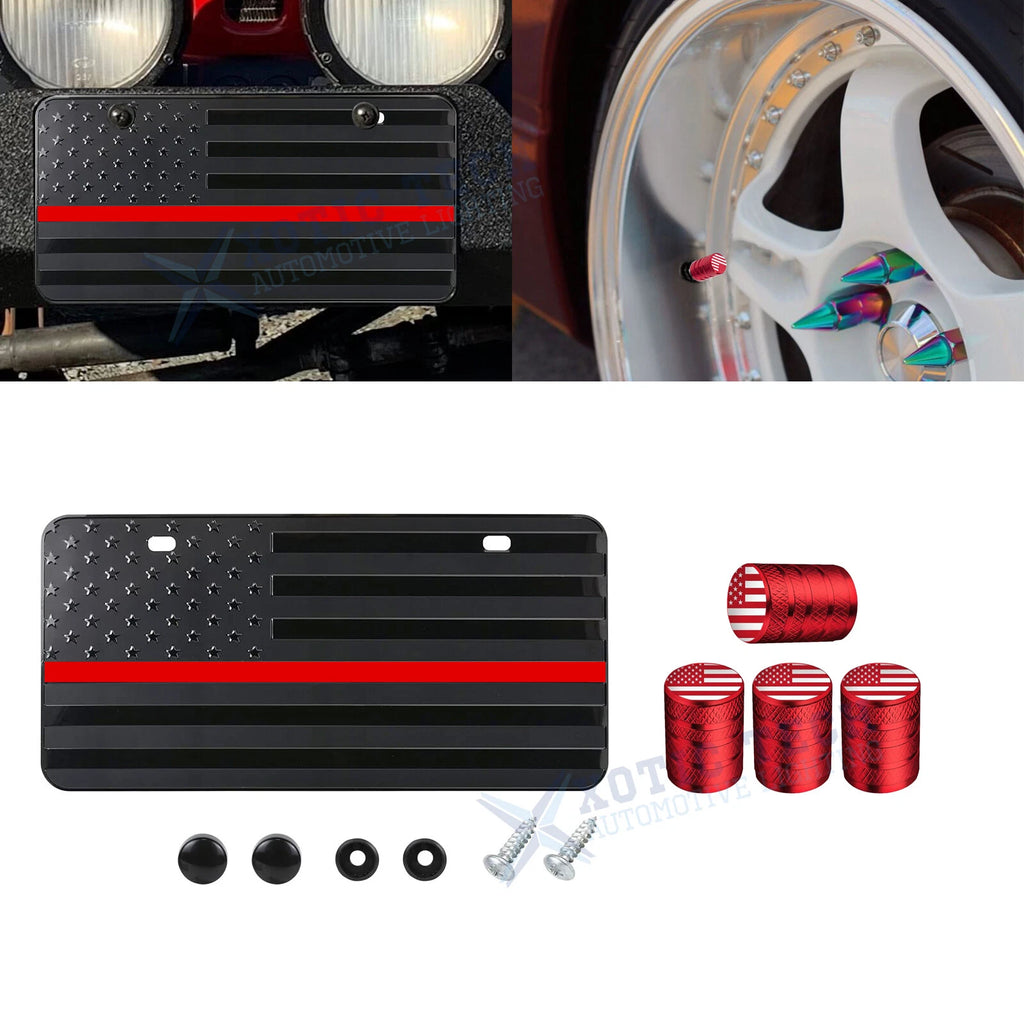 Patriotic American Flag Front License Plate Valve Stem Cap Cover Universal