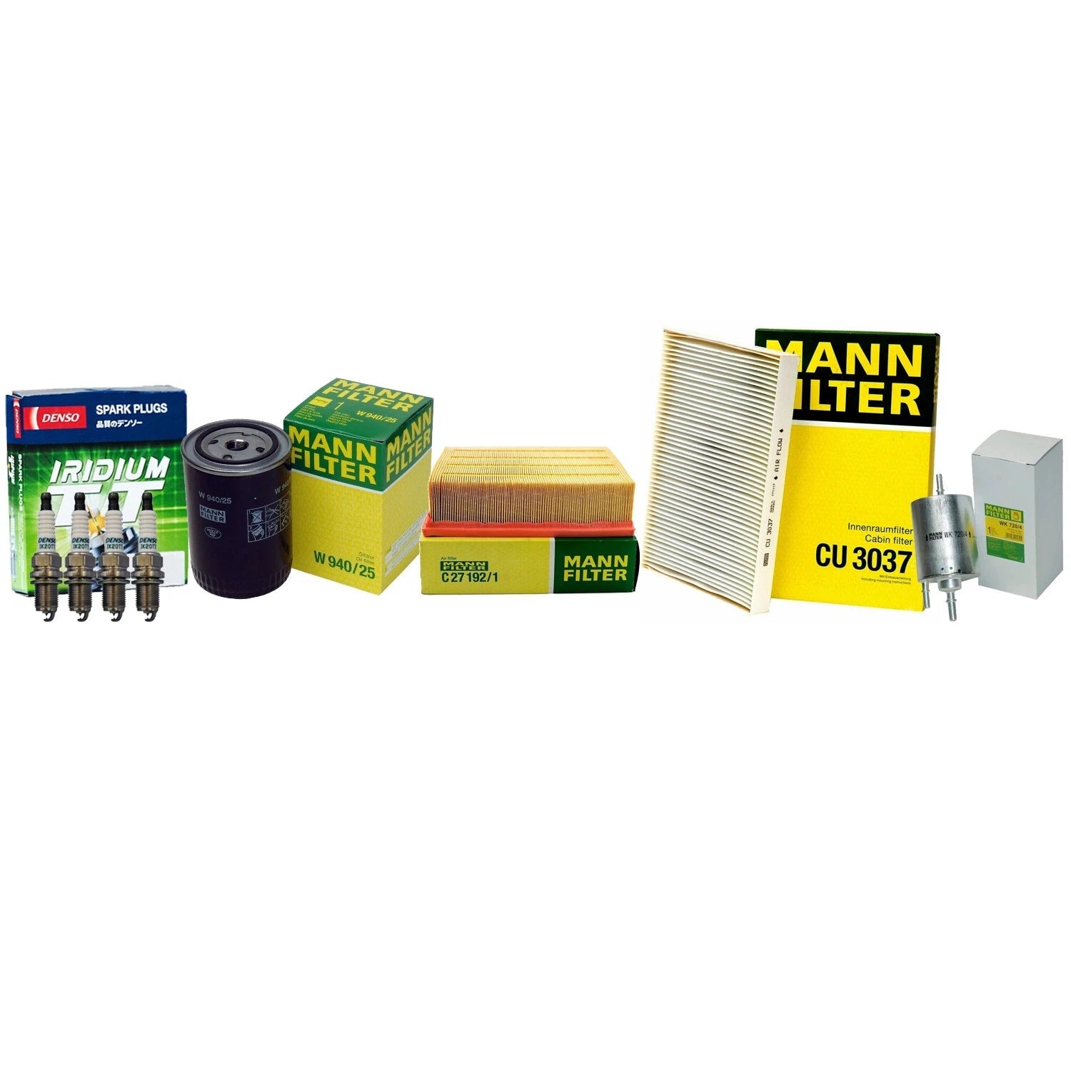 Set of 4 Mann Engine Cabin Air Oil Fuel Filters & Denso Iridium TT Spark Plugs for