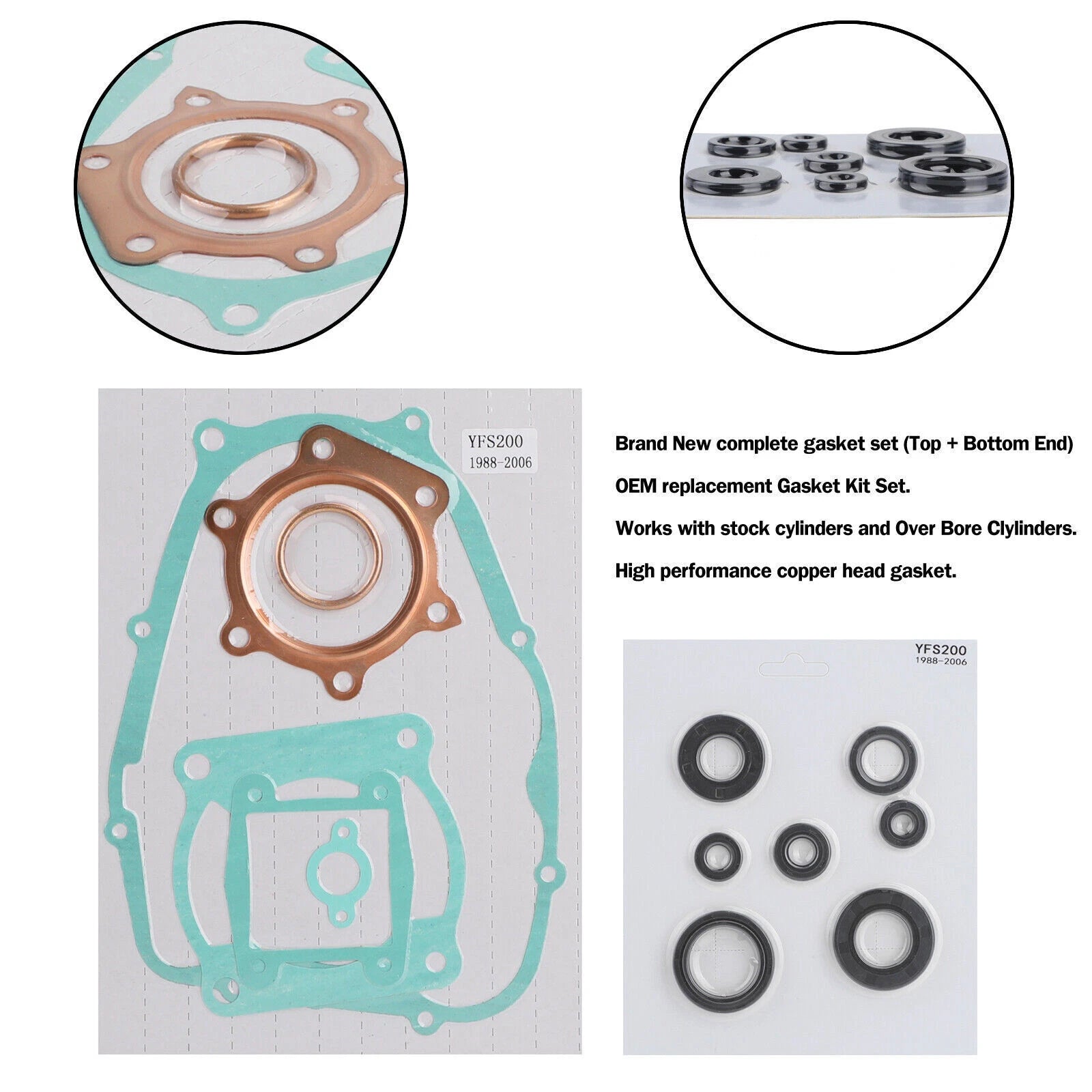 Complete Engine Gasket Kit Set w/Oil Seals for Yamaha Blaster YFS200 (1988–2006)
