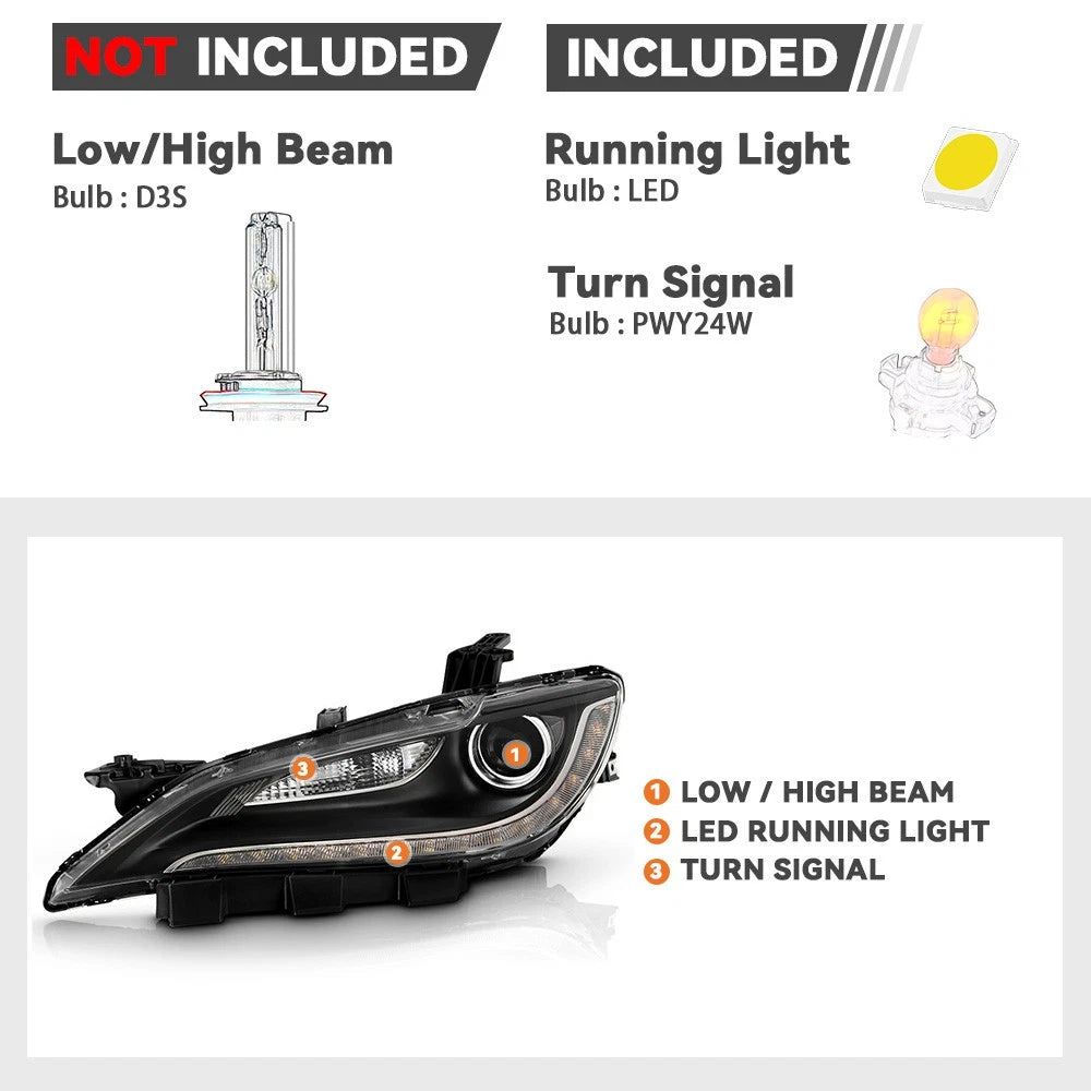 HID/Xenon Headlight with LED DRL Black Trim Driver for Chrysler 200 (2015–2017)