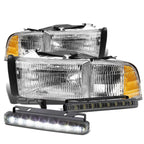 Set of 2 Chrome Housing Clear Headlight Assembly + Corner + LED Fog Light for Ram (1994–2002)