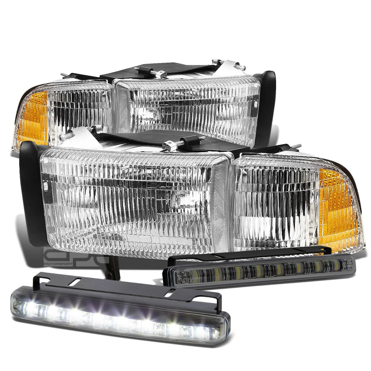 Set of 2 Chrome Housing Clear Headlight Assembly + Corner + LED Fog Light for Ram (1994–2002)
