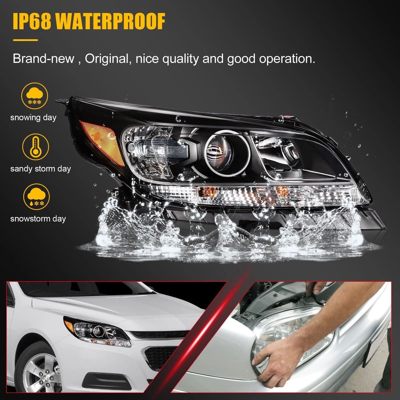 Headlight Assembly Set for Chevy Malibu (2013–2015) Black Housing