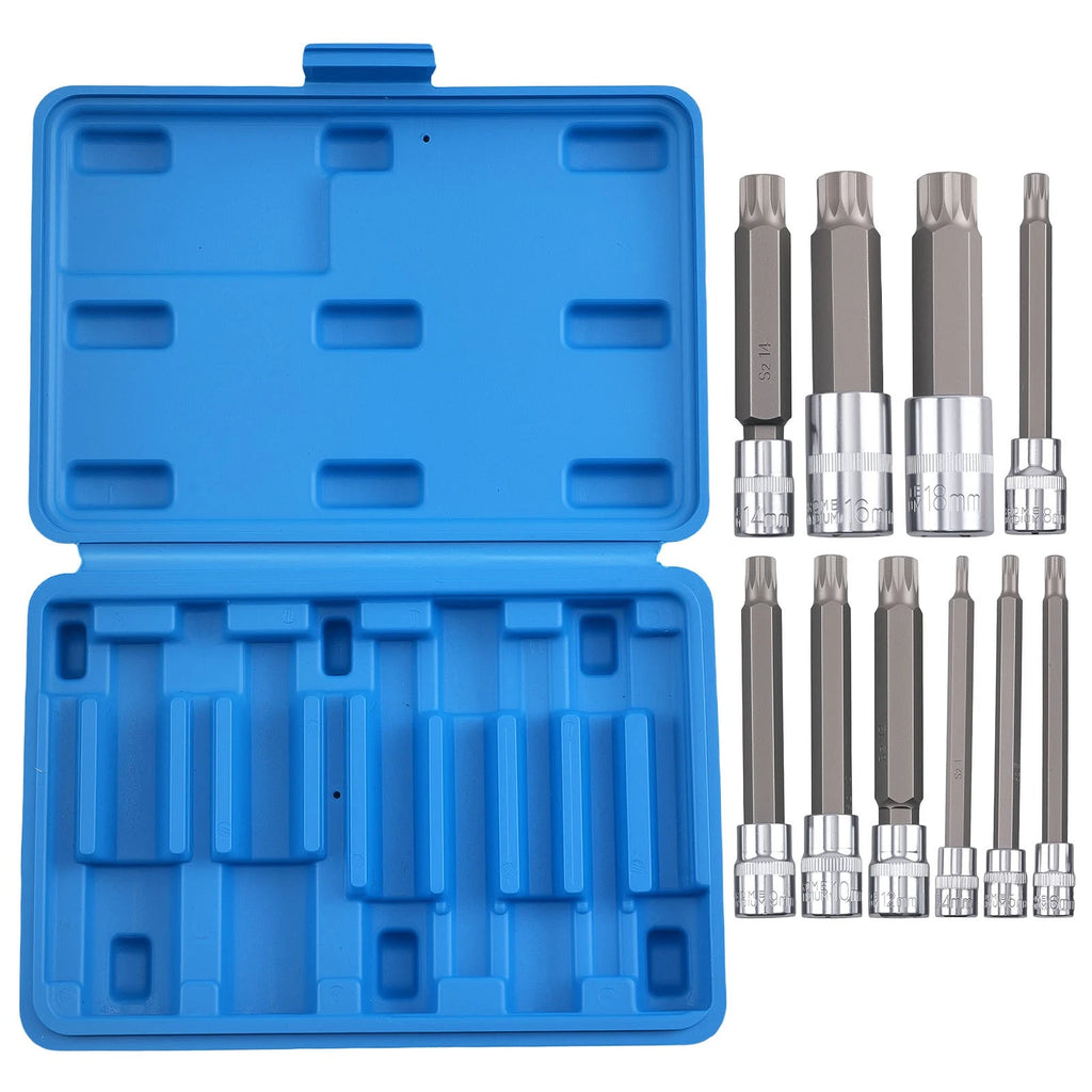 10pc Metric Spline Socket Bit Set 1/4 3/8 1/2 Dr Chrome S2 Steel 4"