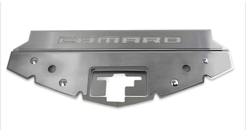 Brushed Front Header Plate w/White C-Fiber Vinyl "CAMARO" Inlay for 16-20 Camaro
