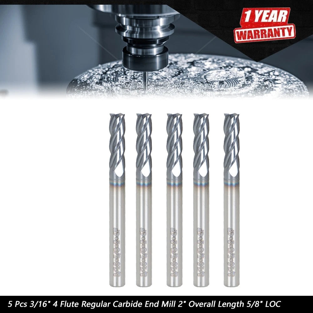 Set of 5 Carbide End Mills for Various Applications (2" Length)