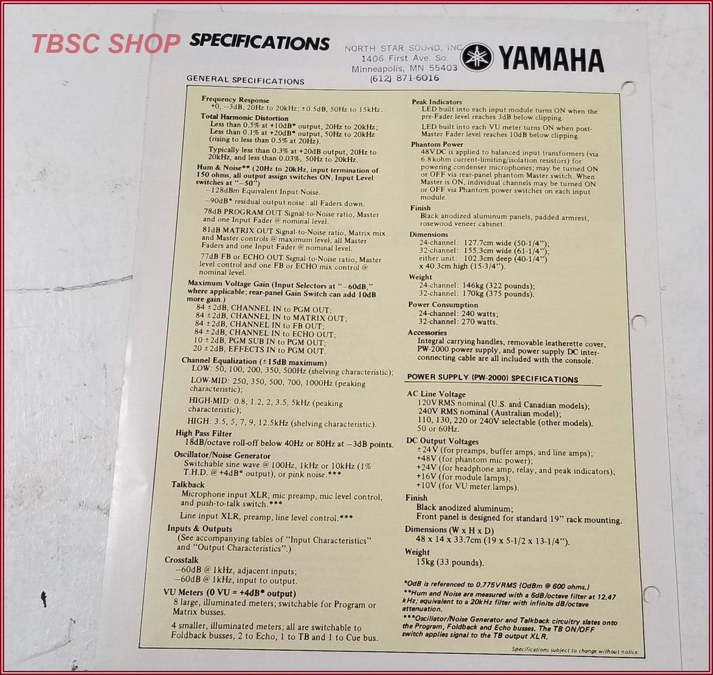 Yamaha PM2000 Mixing Console Sales Brochure and Spec Sheet