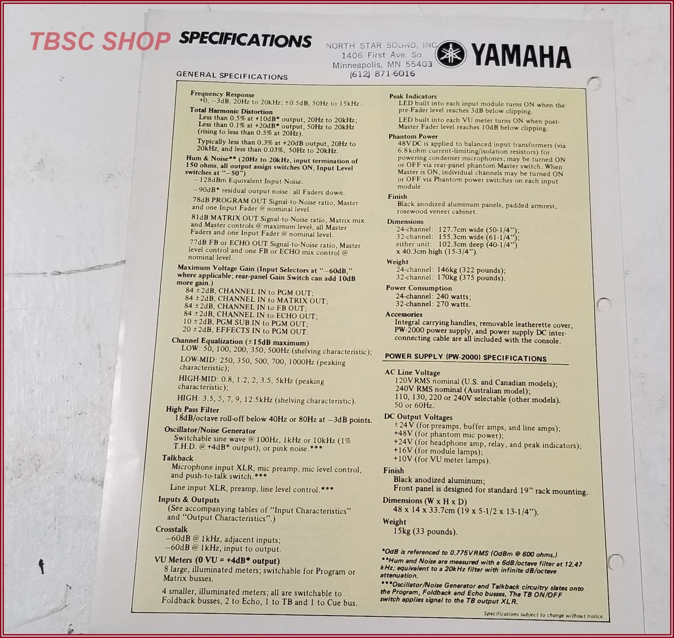 Yamaha PM2000 Mixing Console Sales Brochure and Spec Sheet