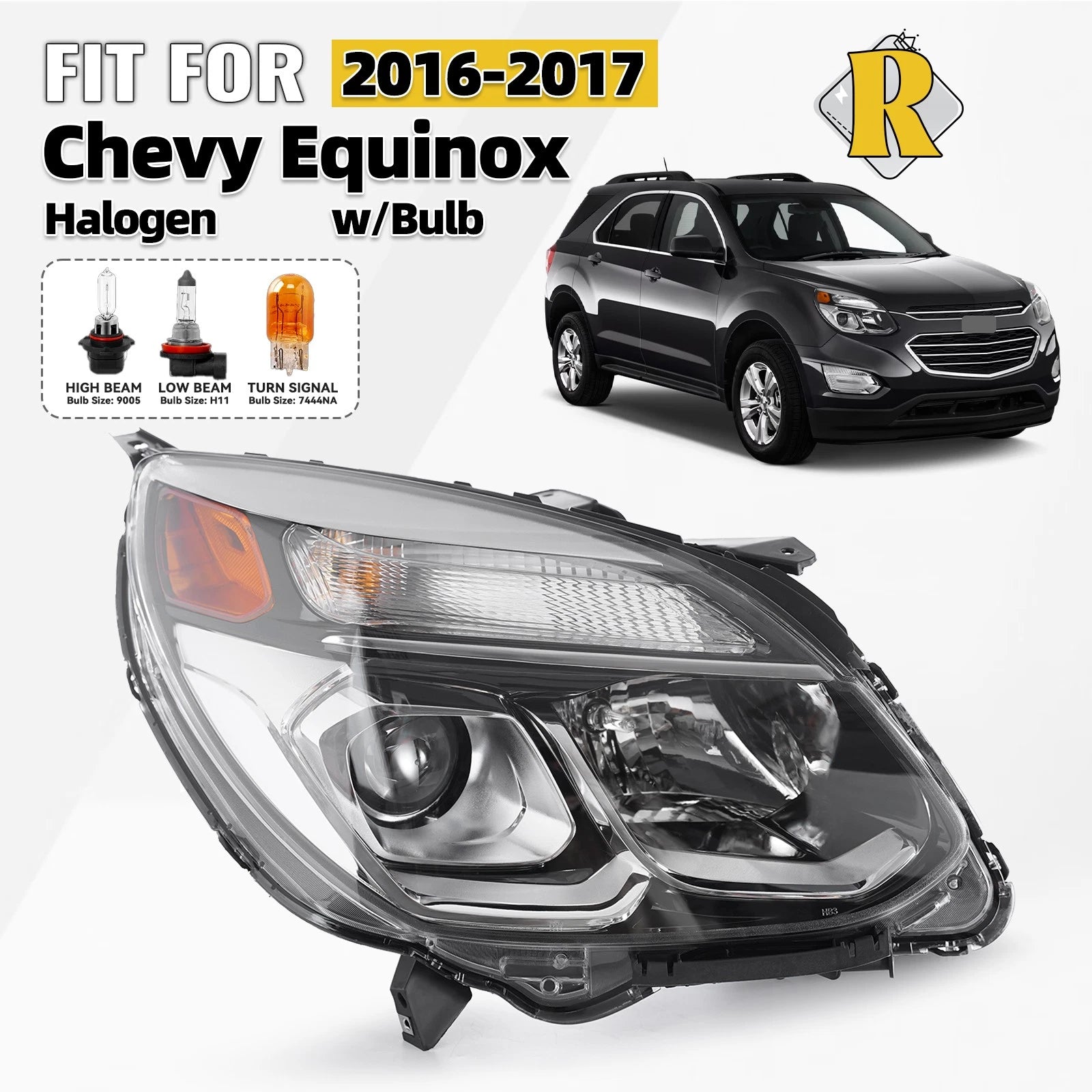 Halogen Headlight with Bulb Chrome Right Passenger for Chevrolet Equinox (2016–2017)