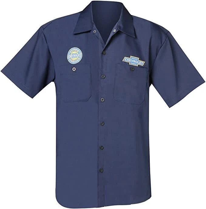 Mechanic Style Button Up Shirt Navy Blue for Chevrolet Service (2000–2025)