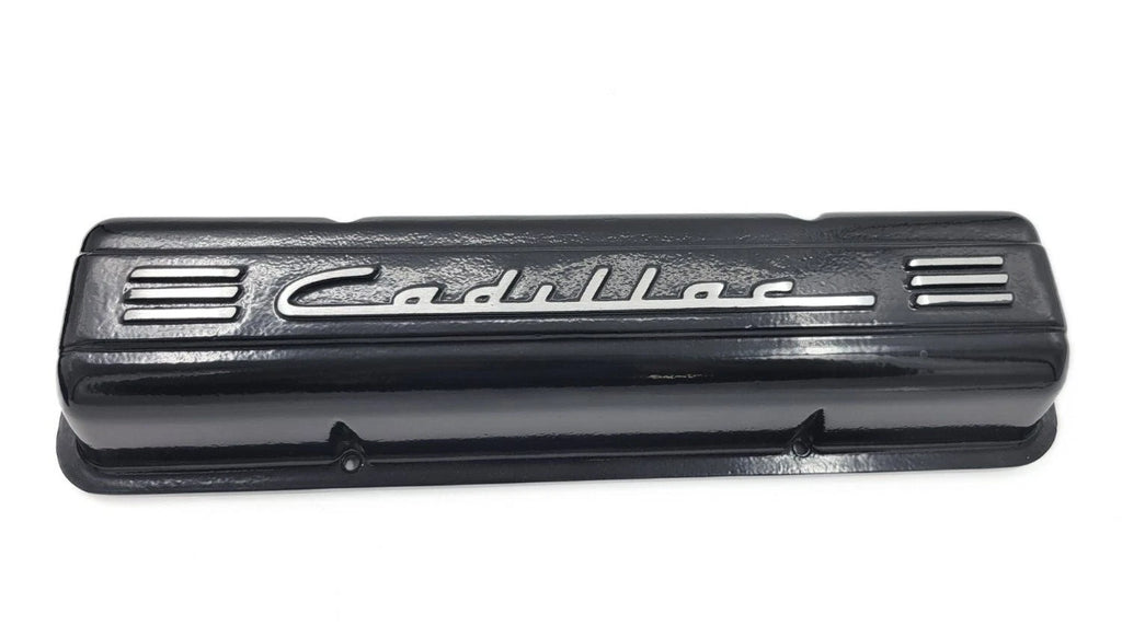Black Aluminum Cadillac Script Valve Covers for Small Block Chevy (1957–1969)