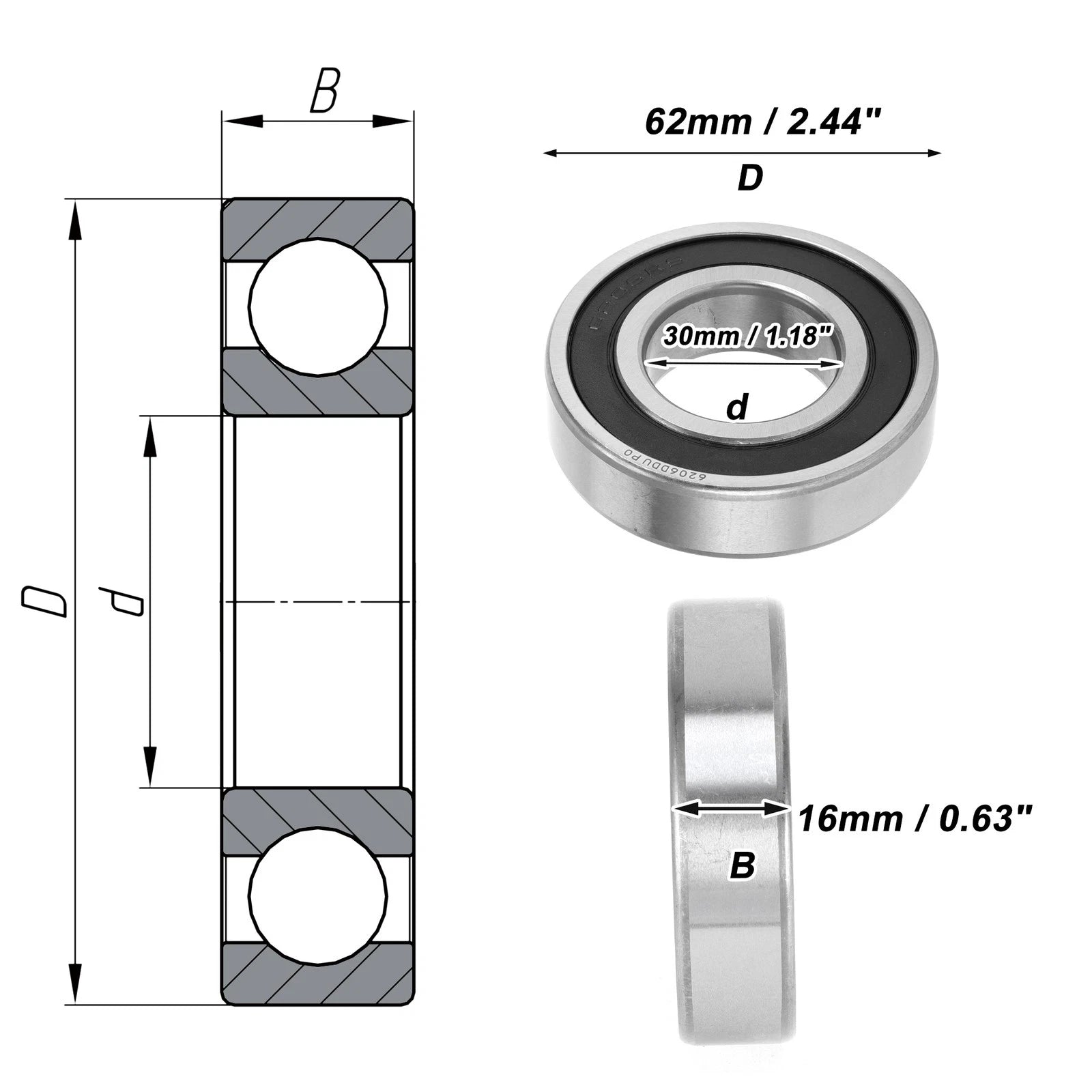 6206DDU Deep Groove Ball Bearing for Scooter Skateboard Wheel (P0)