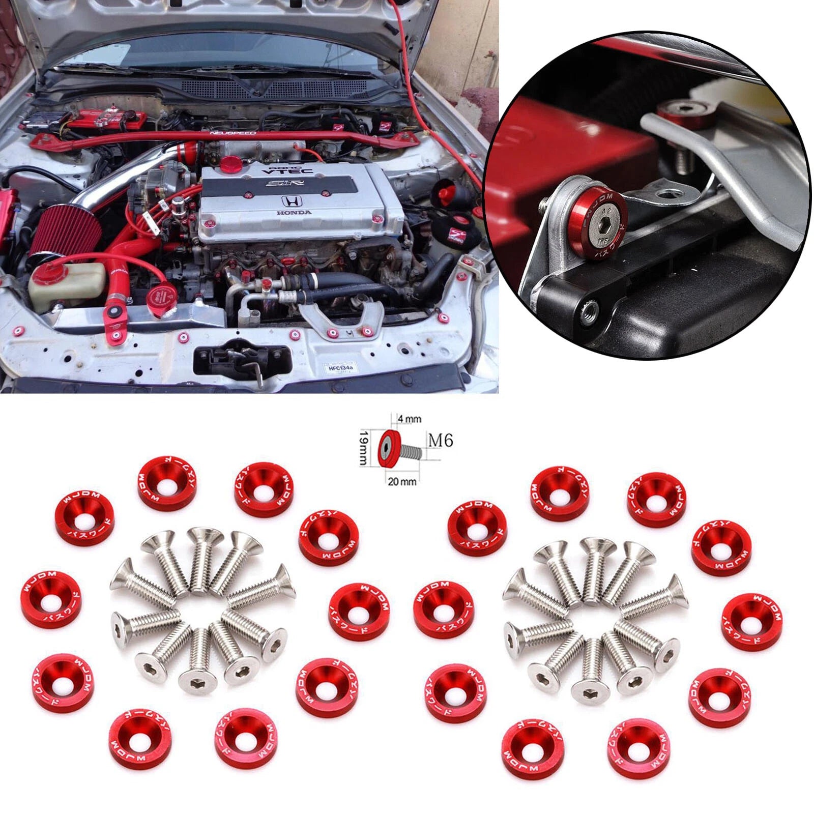 Red JDM Billet Aluminum Fender/Bumper Washer Bolt Kit for Universal (20)