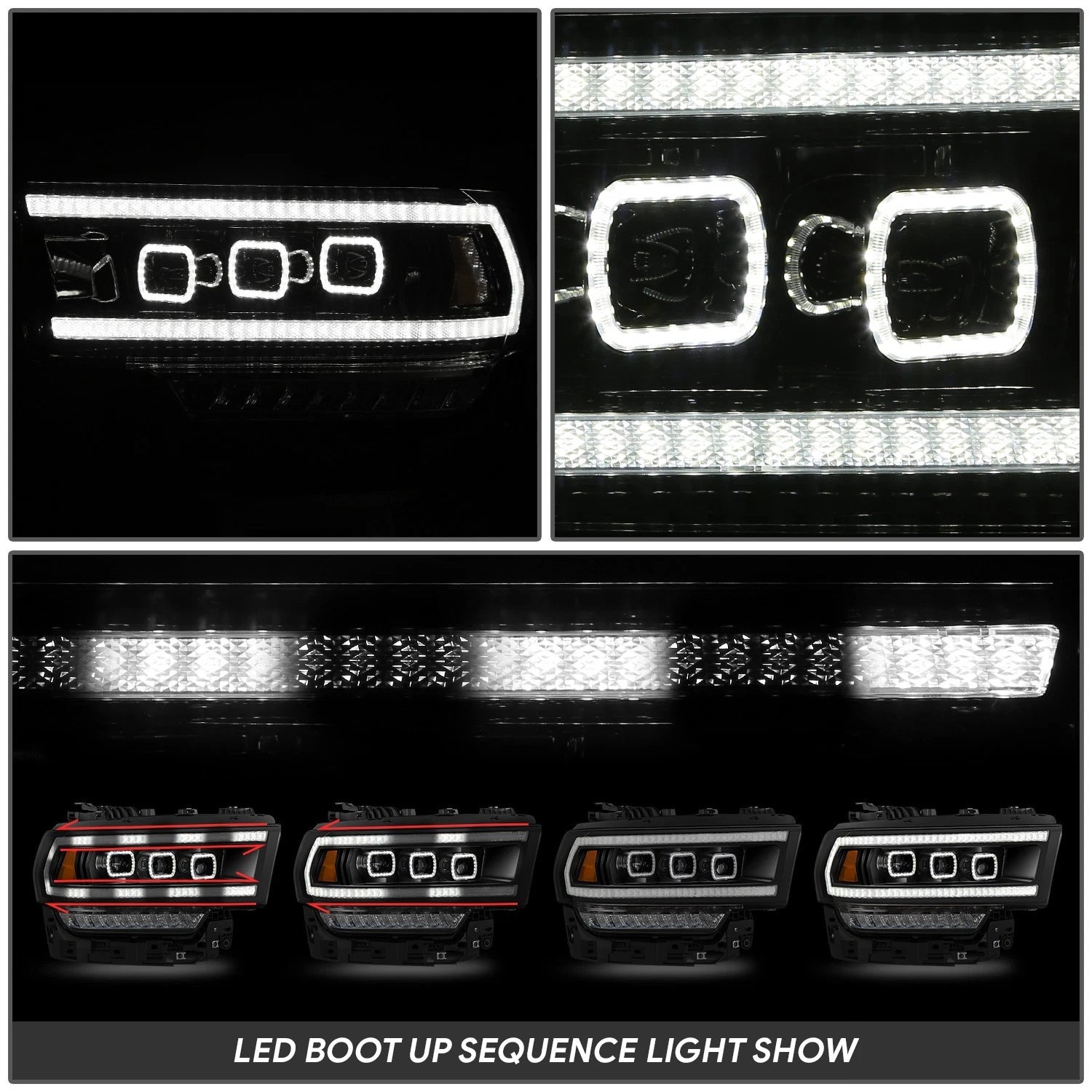 Black Amber LED Sequential Chasing Projector Headlights for Ram 2500 3500 (2019–2024)