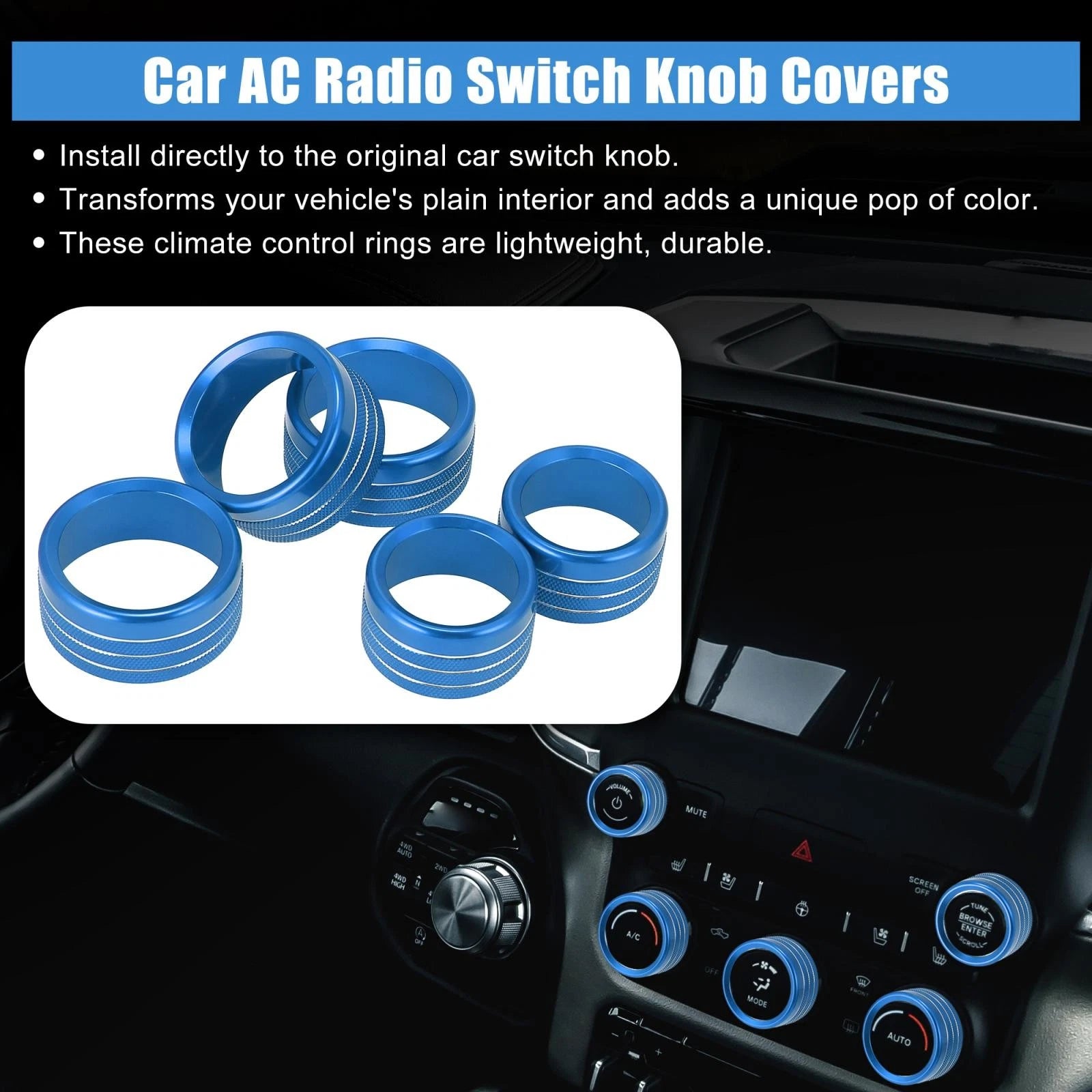 5pcs Blue AC Radio Switch Knob Cover for Dodge Ram 1500 (2018–2020)