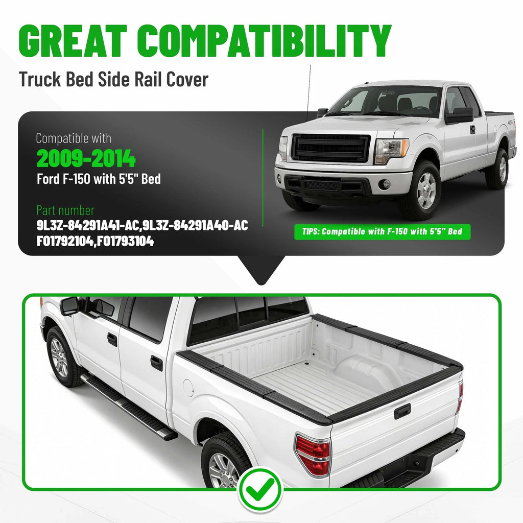 Set of 2 Truck Bed Side Rail Cap Covers for Ford F-150 (2009–2014)