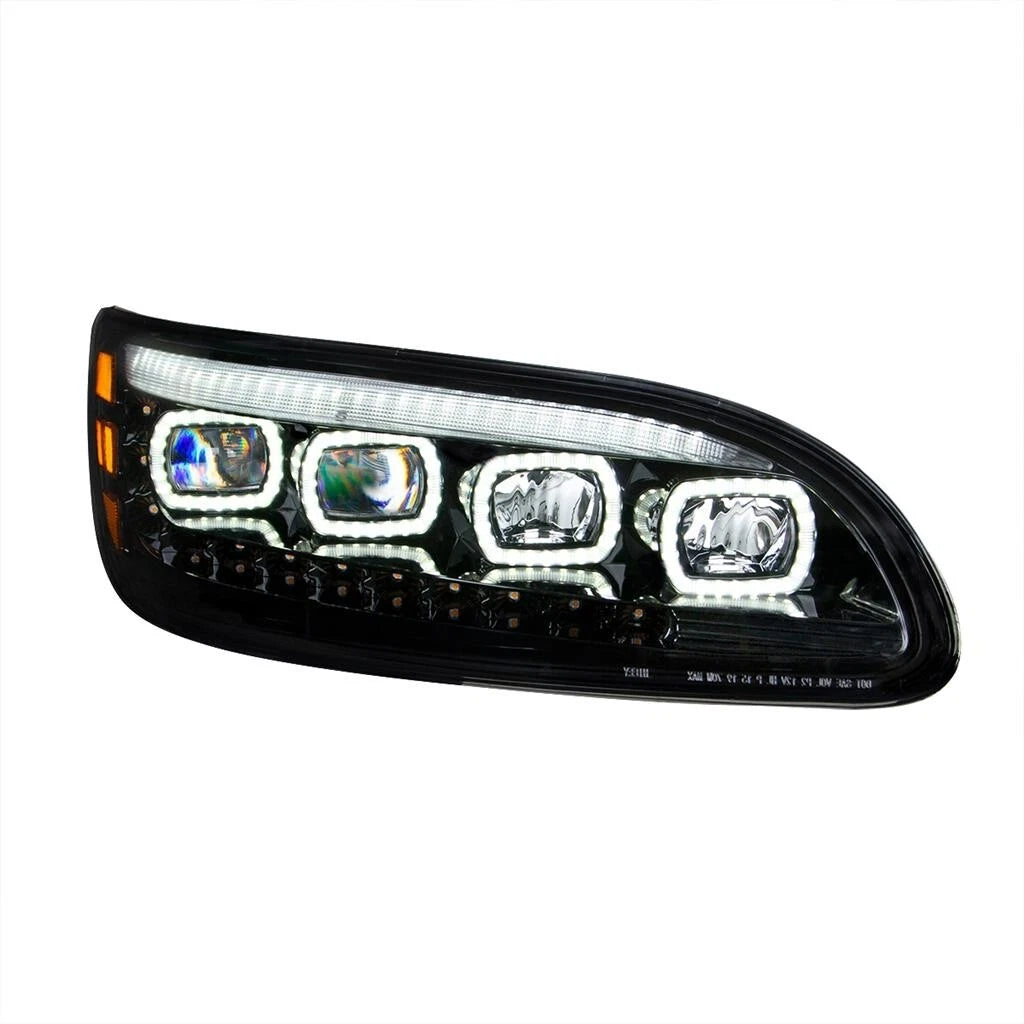Quad LED Headlights Black with LED DRL Sequential for Peterbilt (2018–2021)