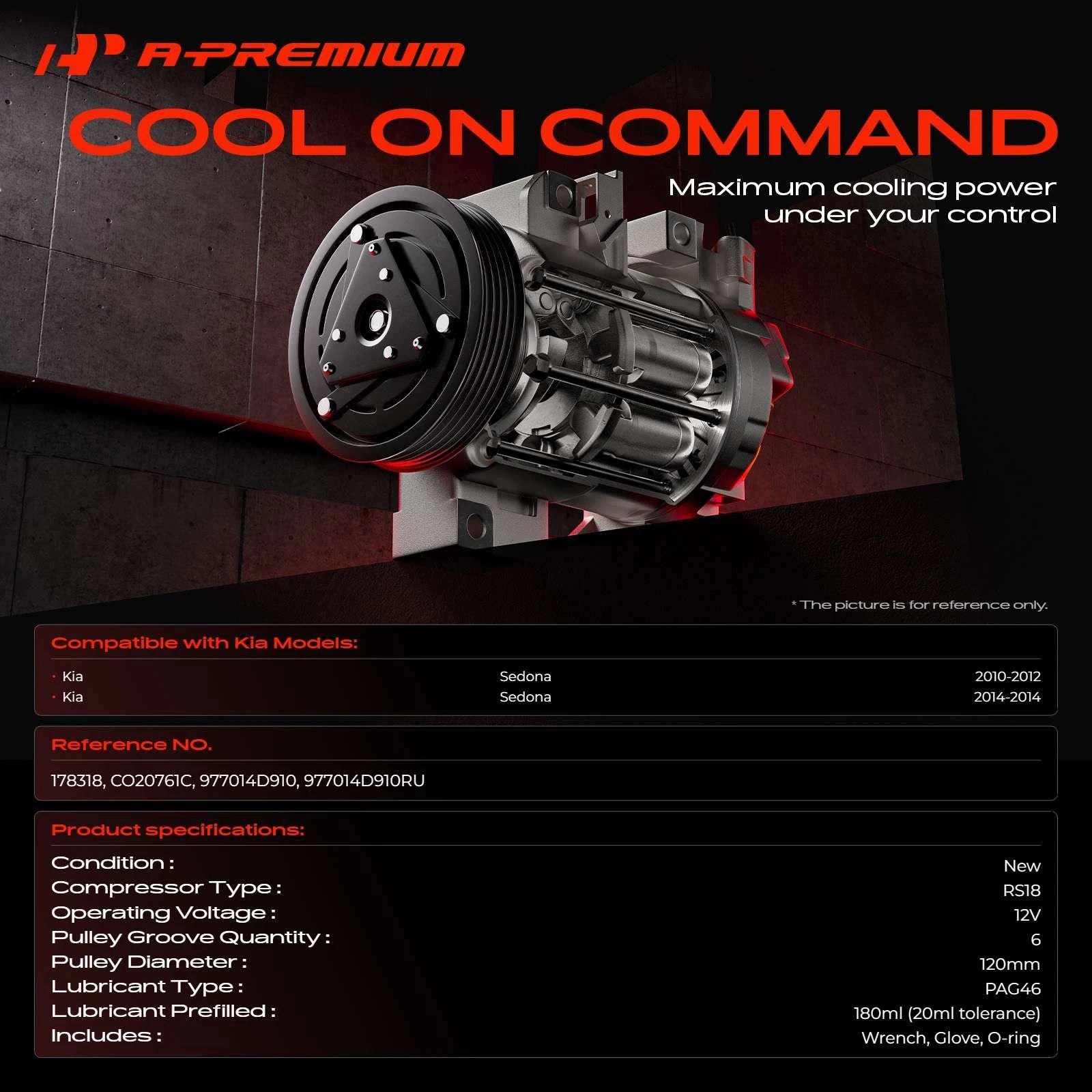AC Compressor with Clutch for Kia Sedona (2009-2012, 2014)