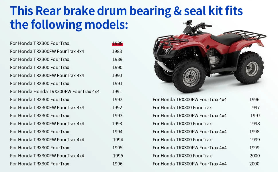 Rear Brake Drum Bearing & Seal Kit for Honda FourTrax 300 TRX300FW (1988–2000)