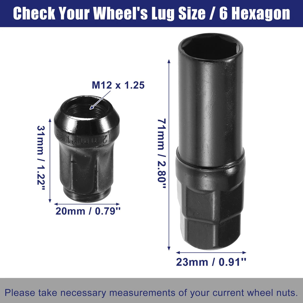 Set of 12 M12x1.25 Car Wheel Hub Lug Nuts for Honda, Chevy, Nissan - Black