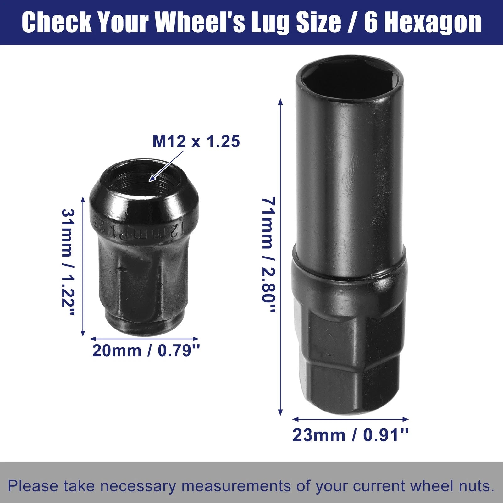 Set of 12 M12x1.25 Car Wheel Hub Lug Nuts for Honda, Chevy, Nissan - Black