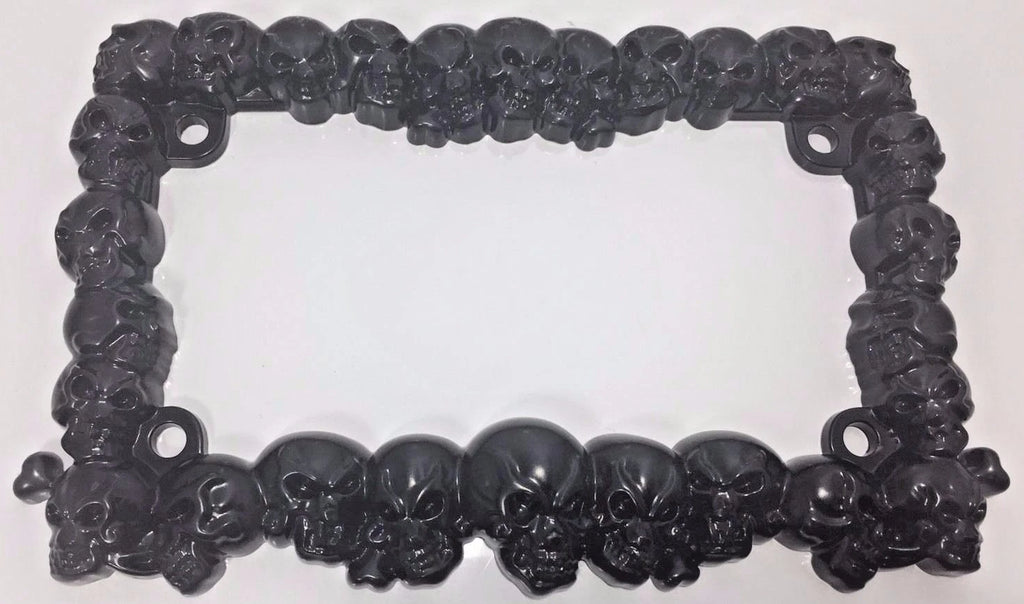 License Plate Frame Metal for Motorcycle Universal Fit with Black Skull (Any Year)