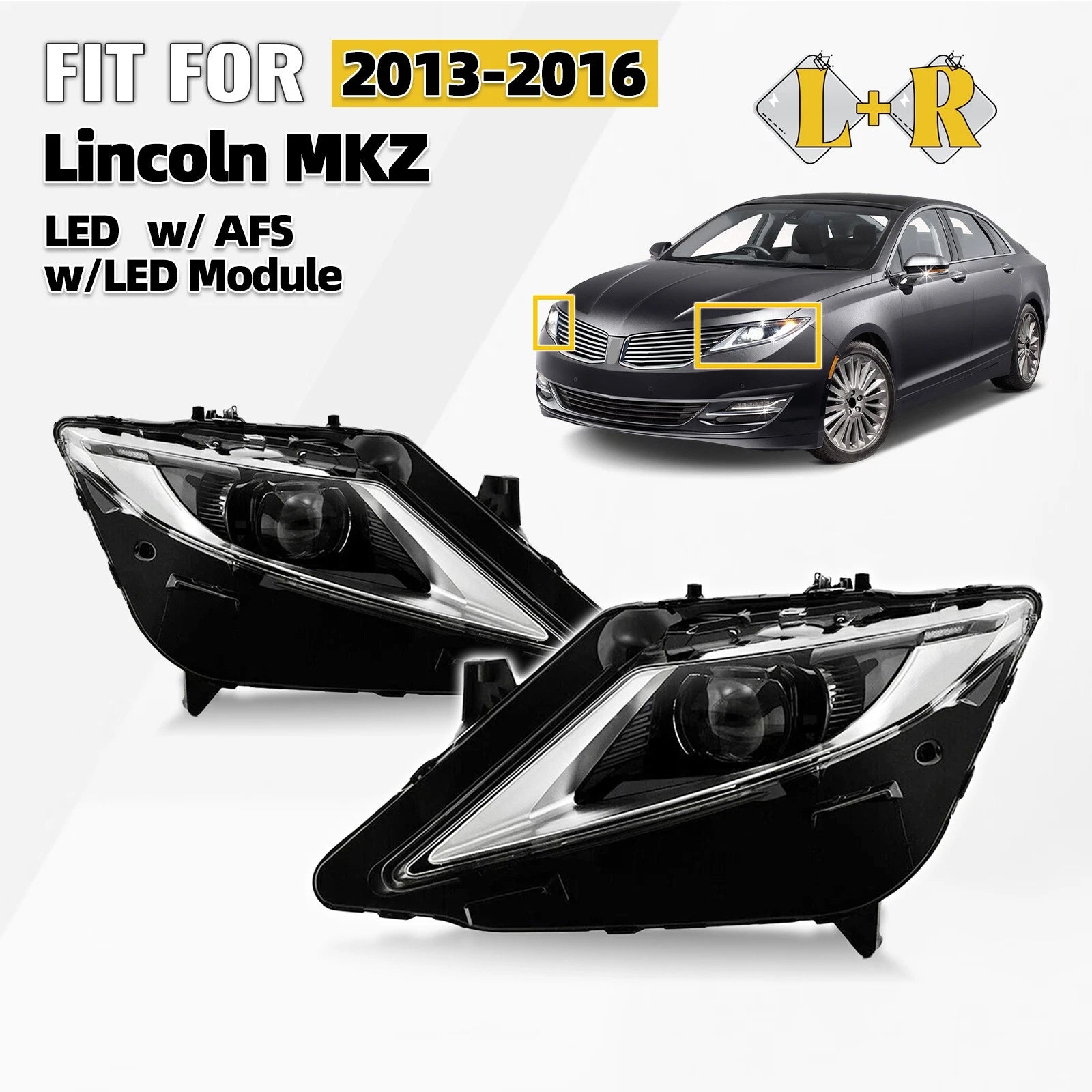 Full LED Headlight Set for Lincoln MKZ (2013–2016) AFS Projector Left+Right