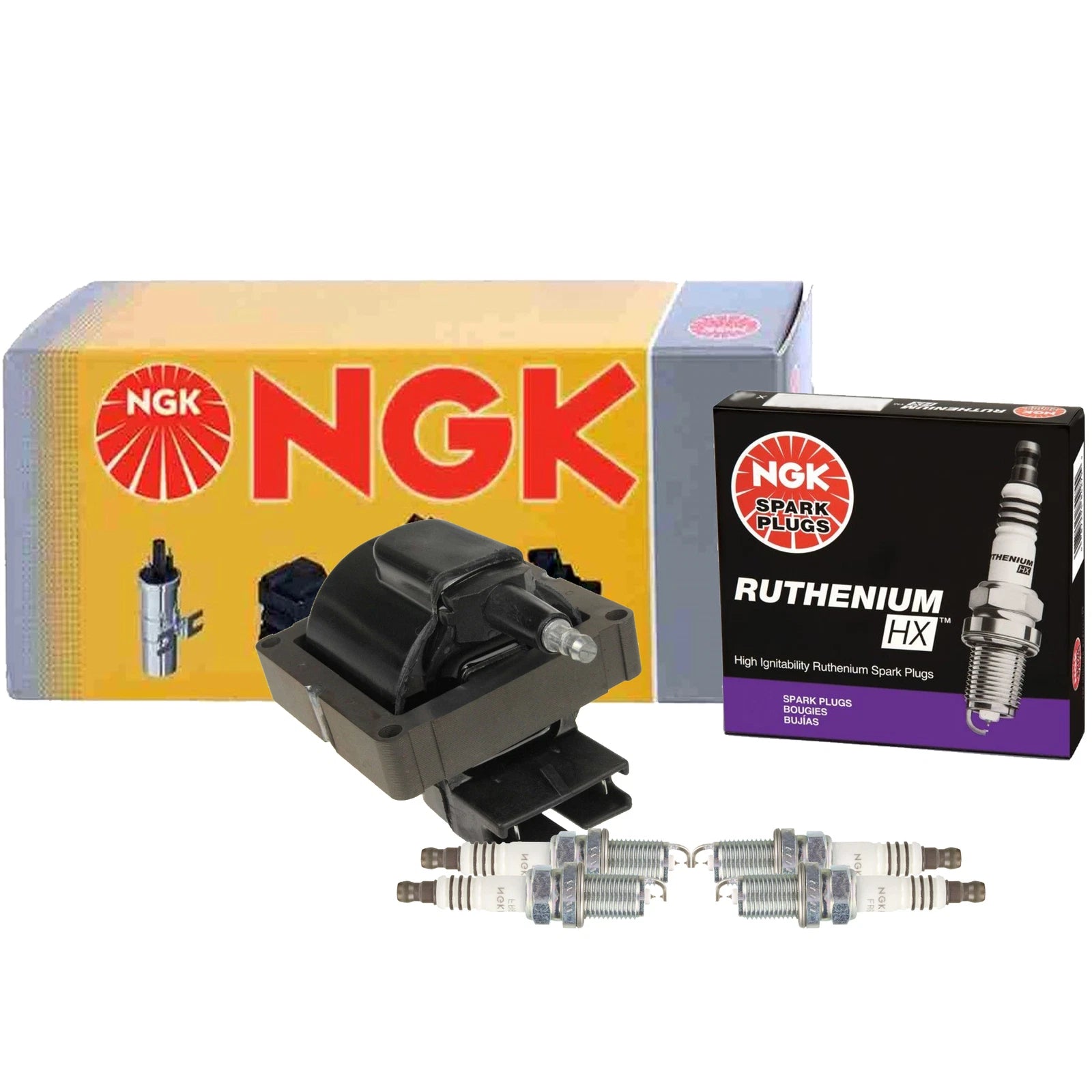 Set of 4 NGK HEI Ignition Coils & Ruthenium HX Spark Plugs for Ford Probe (1997)