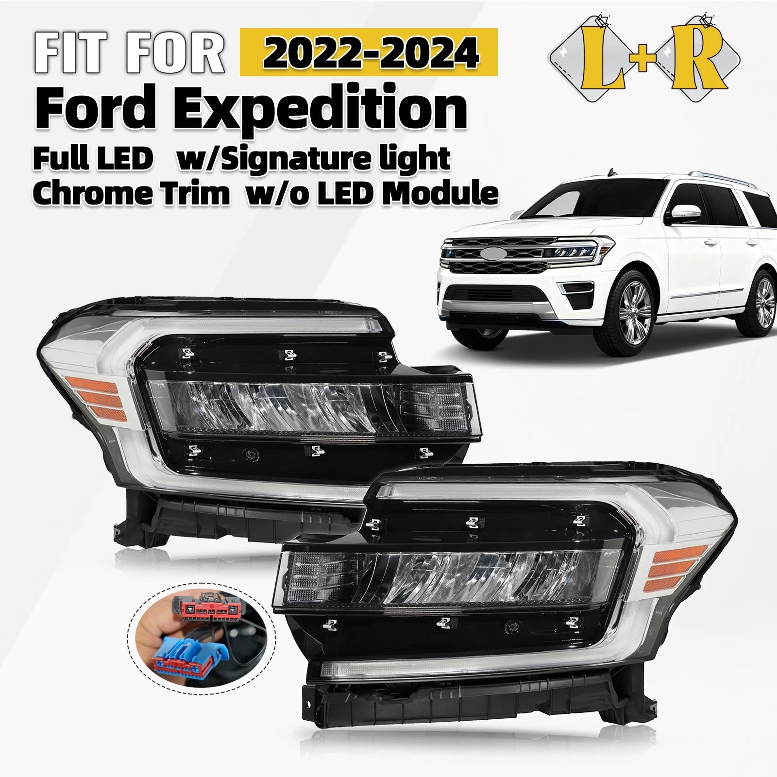 Full LED Headlight Set for Ford Expedition (2022–2024) w/ Chrome Trim