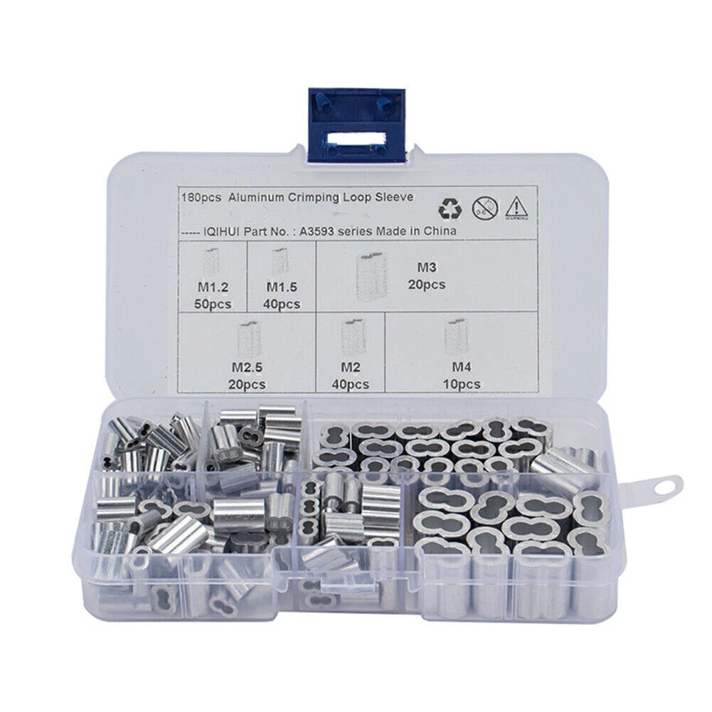 180 Pcs Ferrule Crimping Loop Sleeve Assortment Kit for Wire Rope Cable