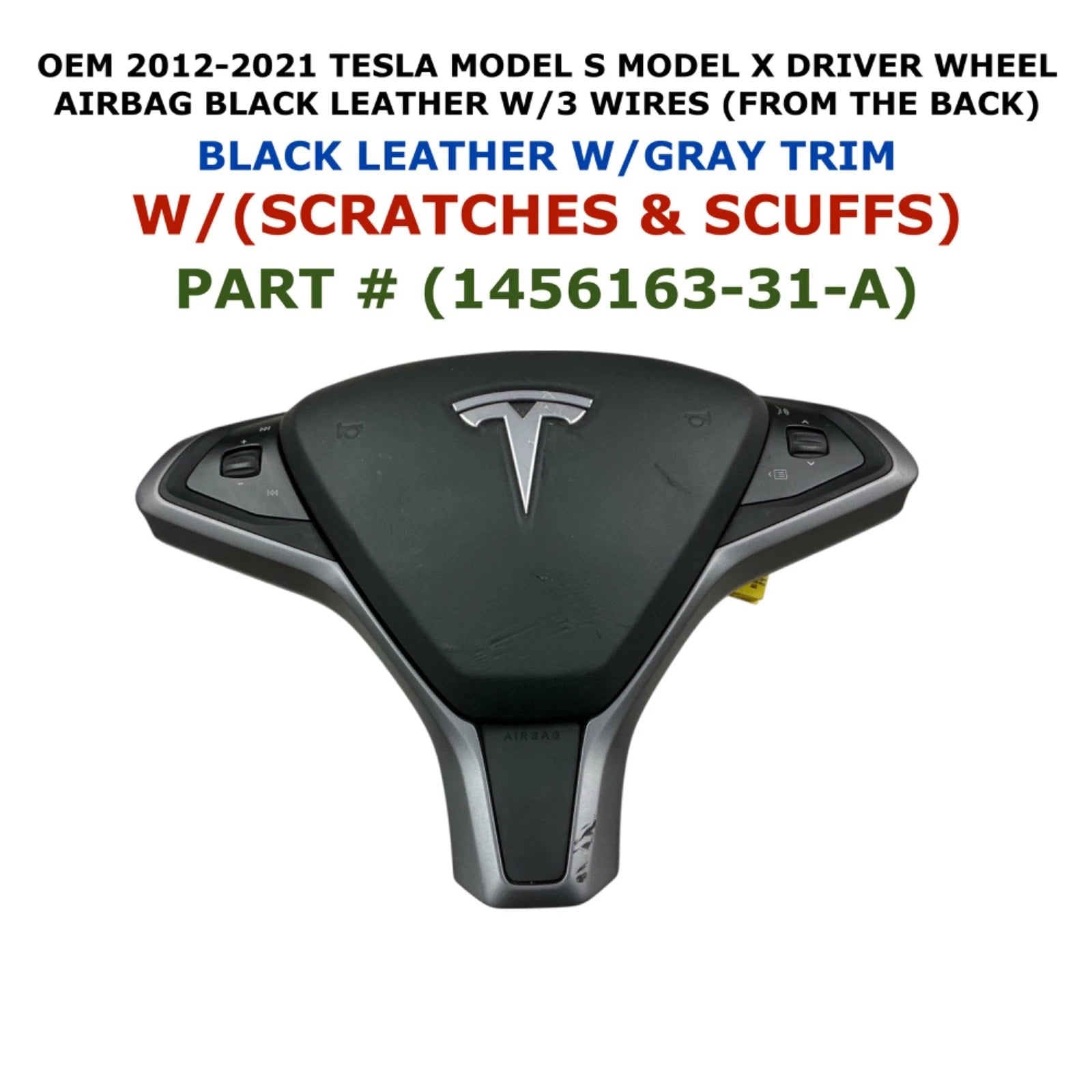 Driver Wheel Airbag for Tesla Model S Model X (2012–2021) 1456163-31-A, Black Leather