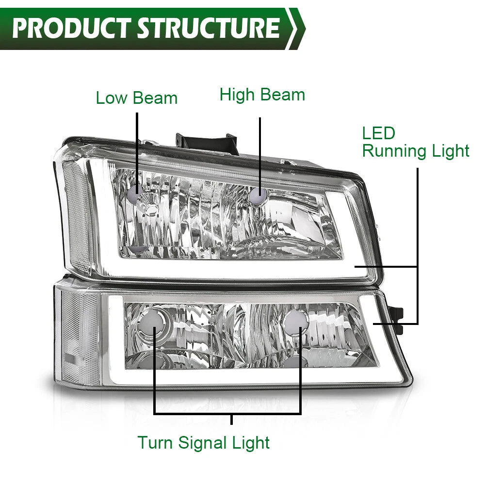 Set of 2 Clear Headlight Lamps with LED DRL and Fog Lights for Silverado