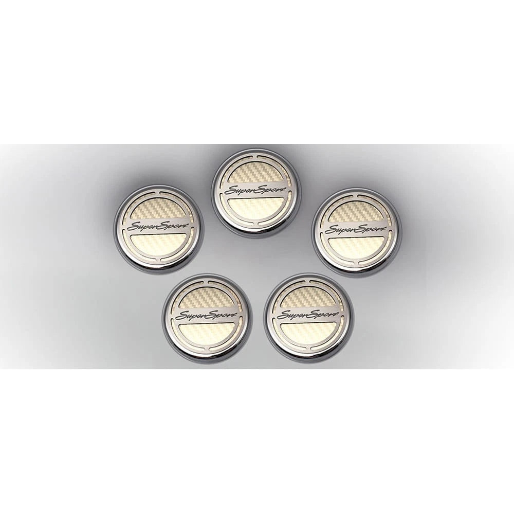 Chrome Cap Covers w/White CF Inlay&'Super Sport' for 2010-15 Camaro V8 Automatic