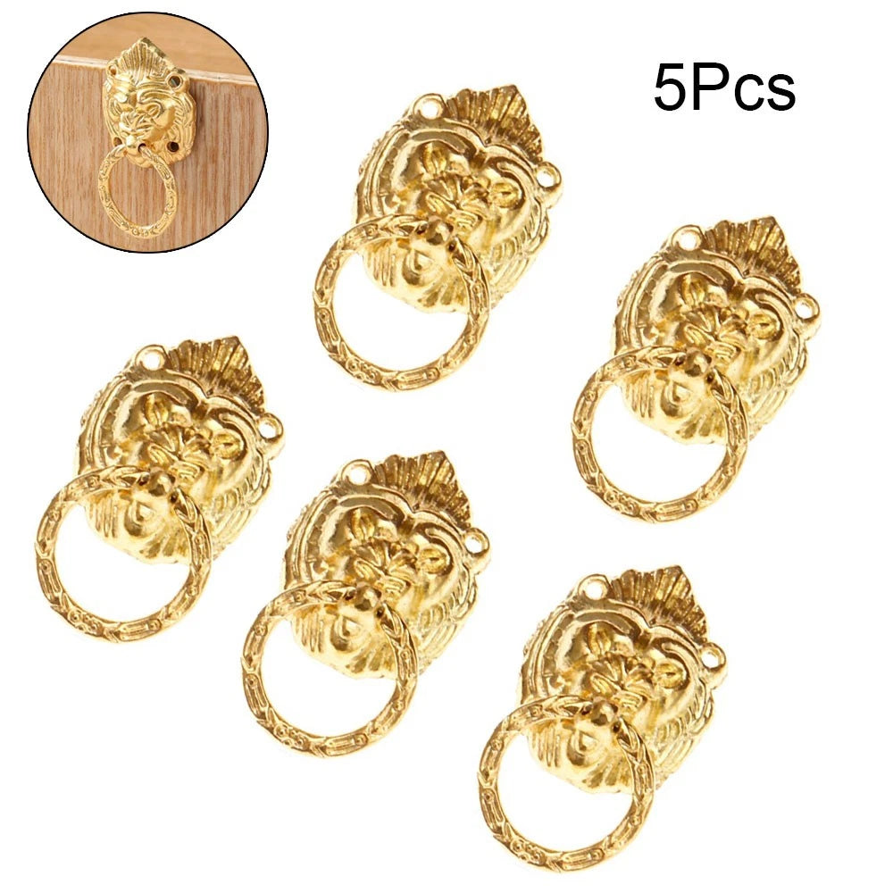 5X Gold Lion Head Drop Ring Drawer Knob Pulls for Cabinets