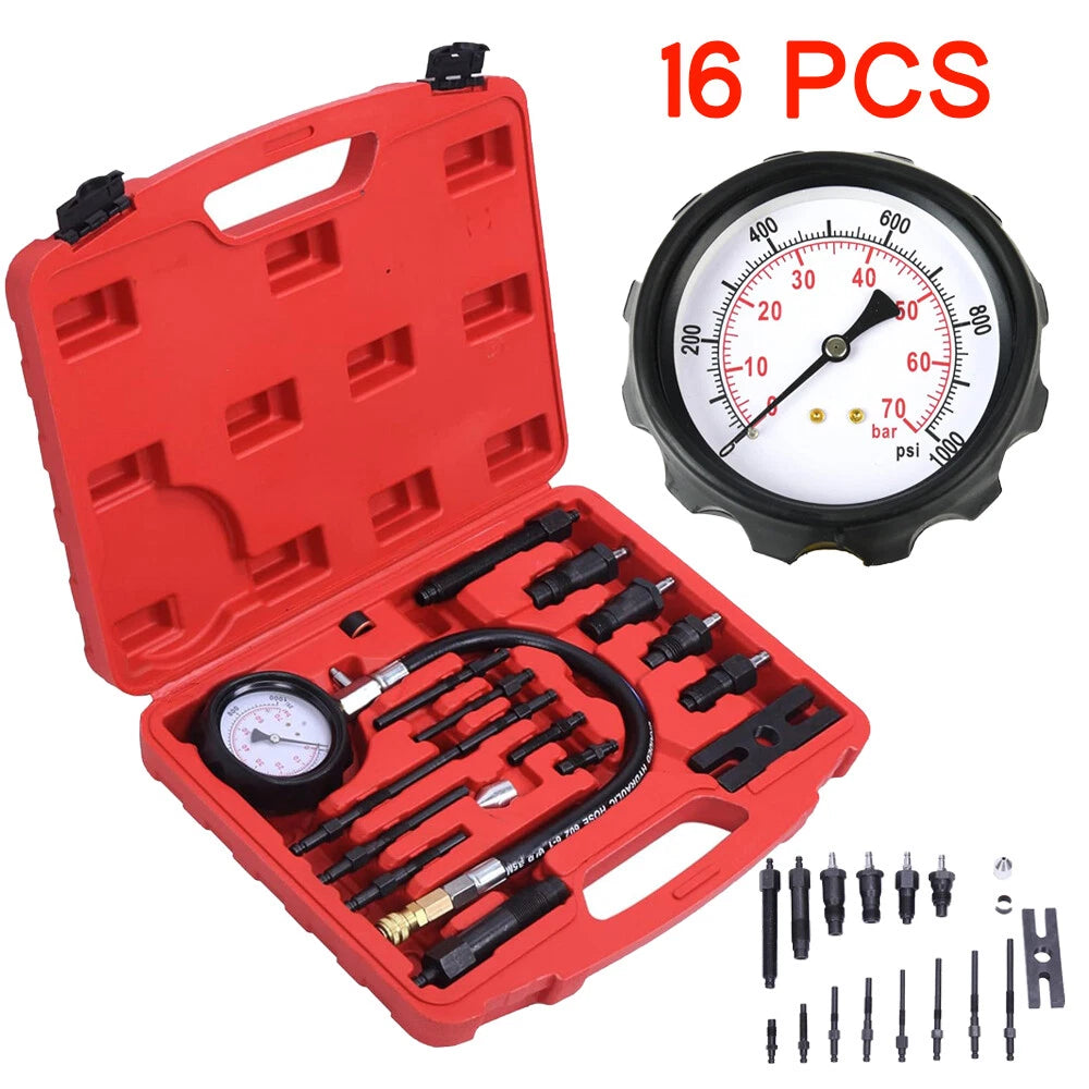 16 Pcs Cylinder Compression Tester Gauge Kit for Gas Engines (Auto/Motorcycle)