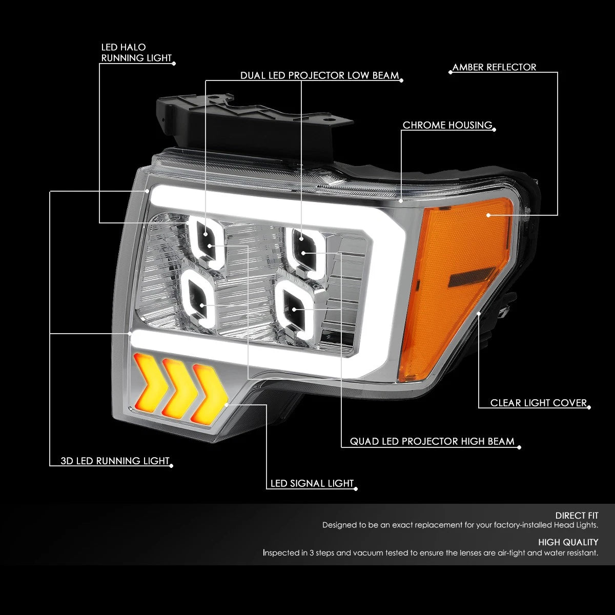 LED DRL Halo Chrome Amber Projector Headlights for Ford F-150 (2009–2014)