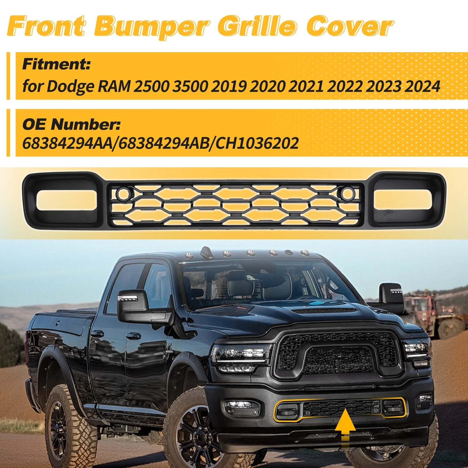 Front Bumper Grille Cover for Dodge RAM 2500 3500 (2019–2024) No. 68384294AA