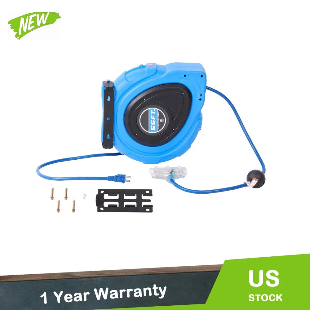 Retractable Extension Cord Reel 65FT for Power Tools