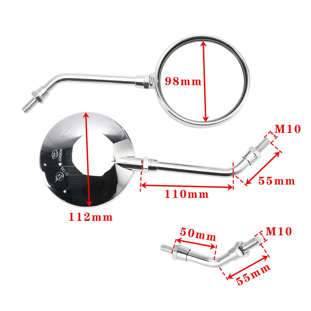 Set of 2 Chrome Round Mirrors 10MM for Honda (Universal)