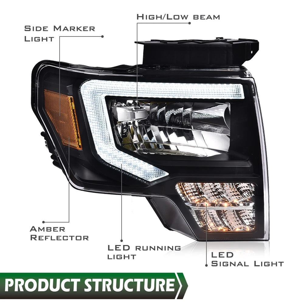 LED Tube DRL Headlights for Ford F-150 (2009–2014) Left + Right Set