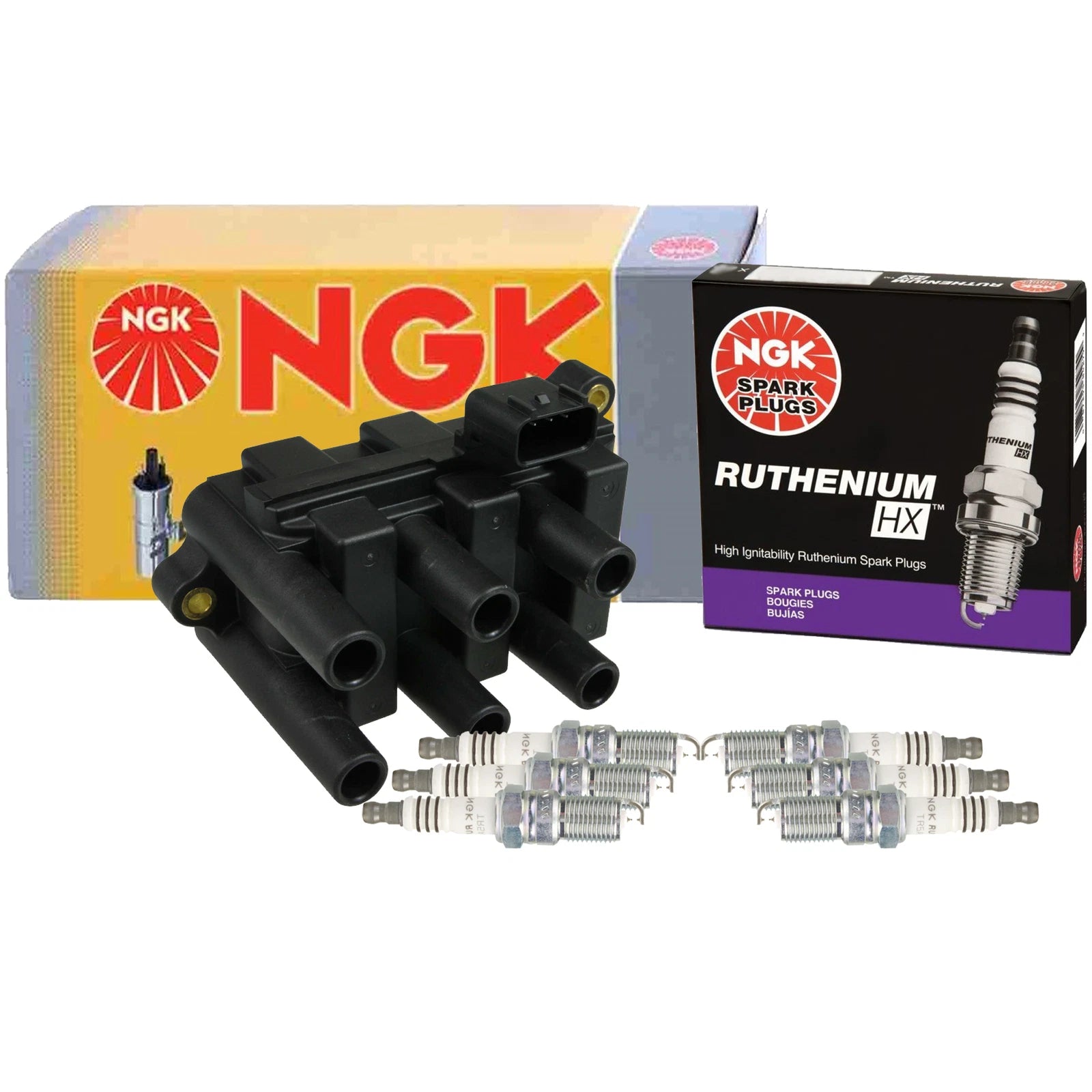 NGK DIS Ignition Coil & 6 Ruthenium HX Spark Plugs for Ford Mercury 3.0 V6 (1995–2005)